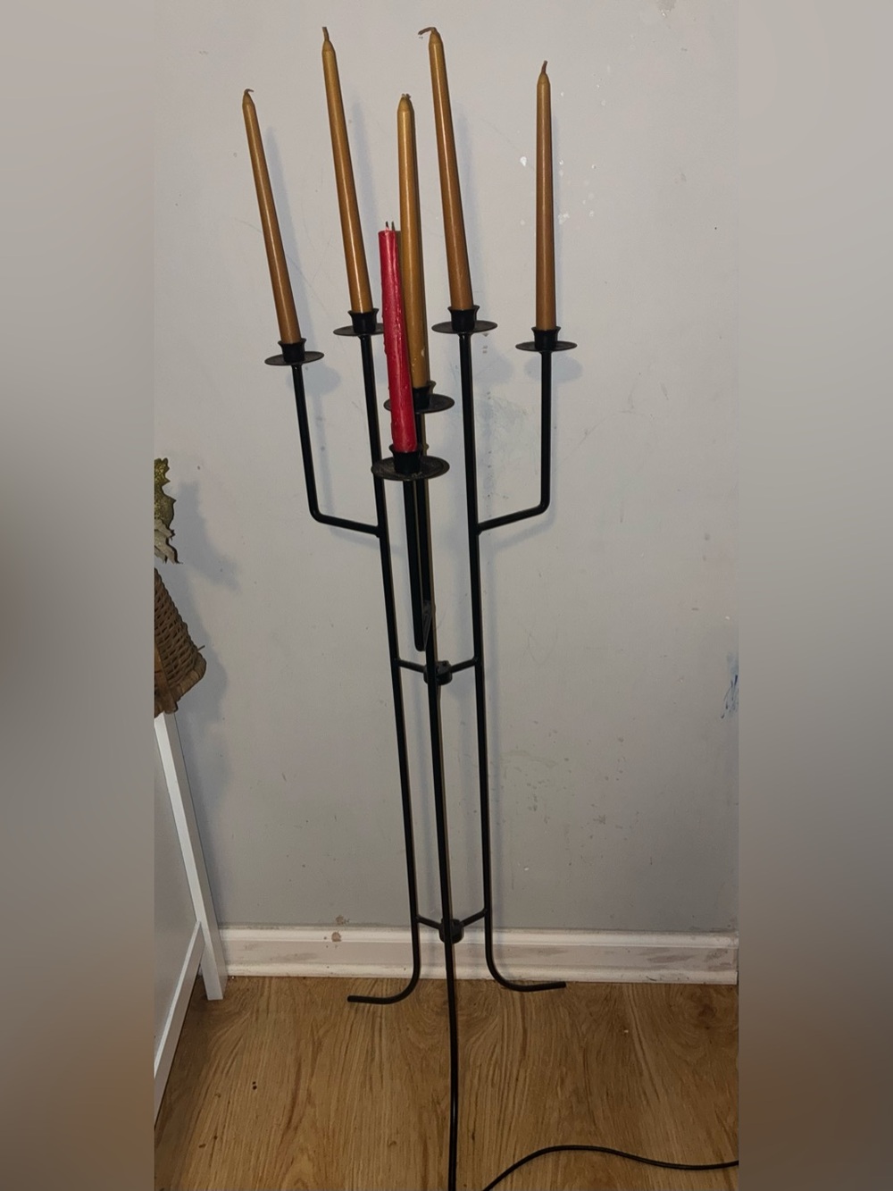 Tall Black Metal Floor Candelabra with Gold & Red Taper Candles